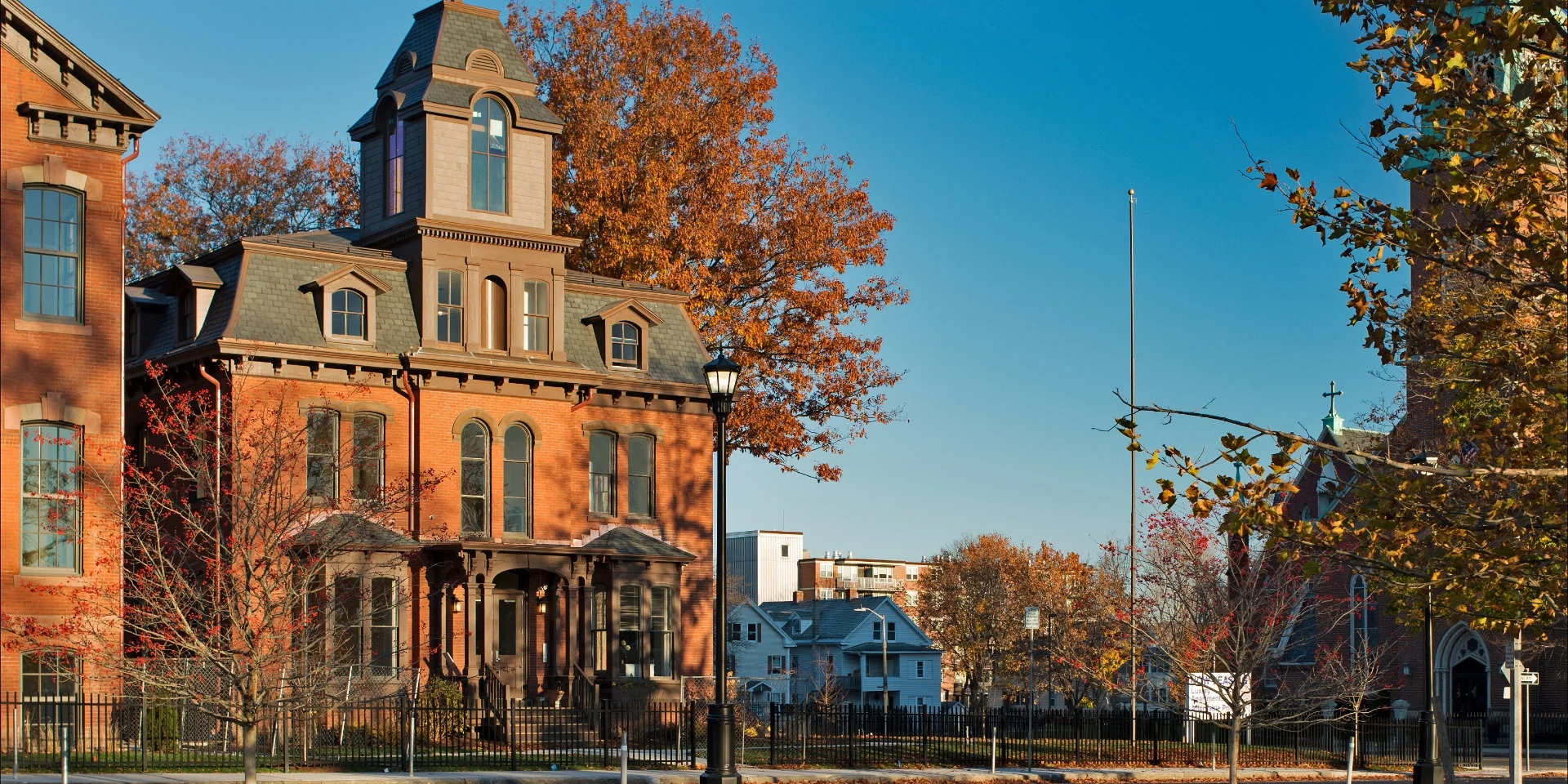 front building exterior and fall foliage