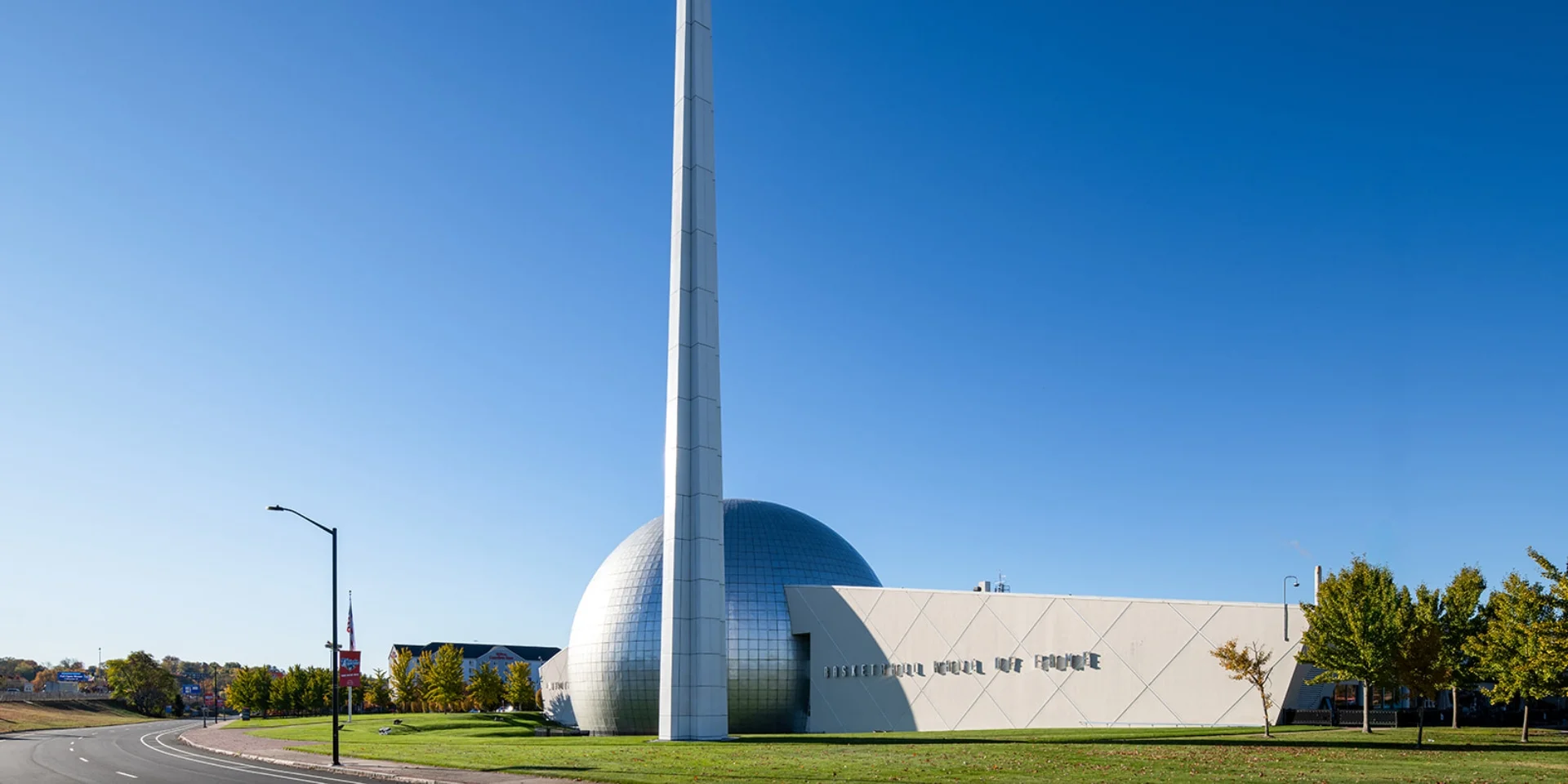 exterior dome, building, and basketball tower pole