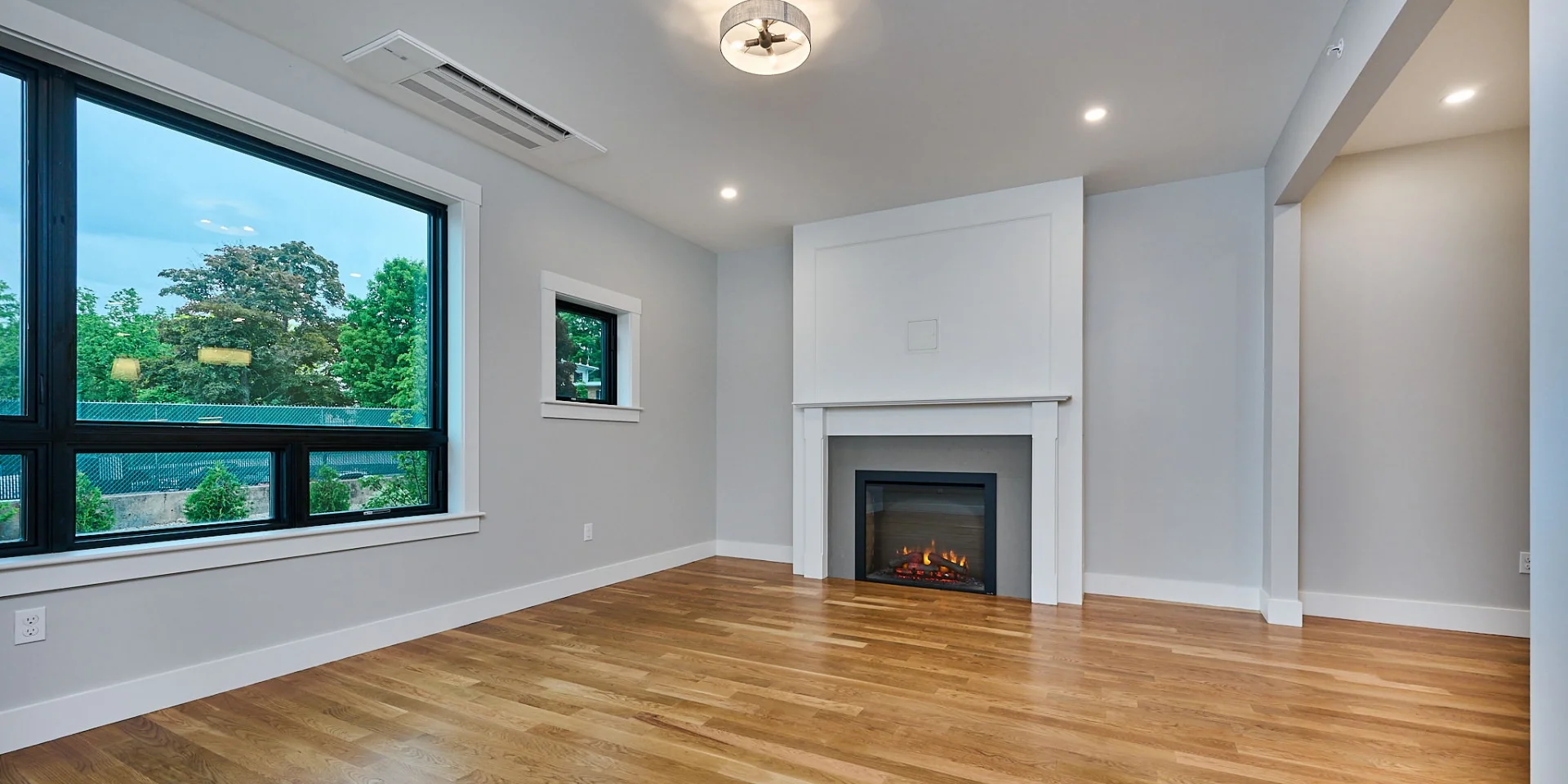 finished living room with fireplace