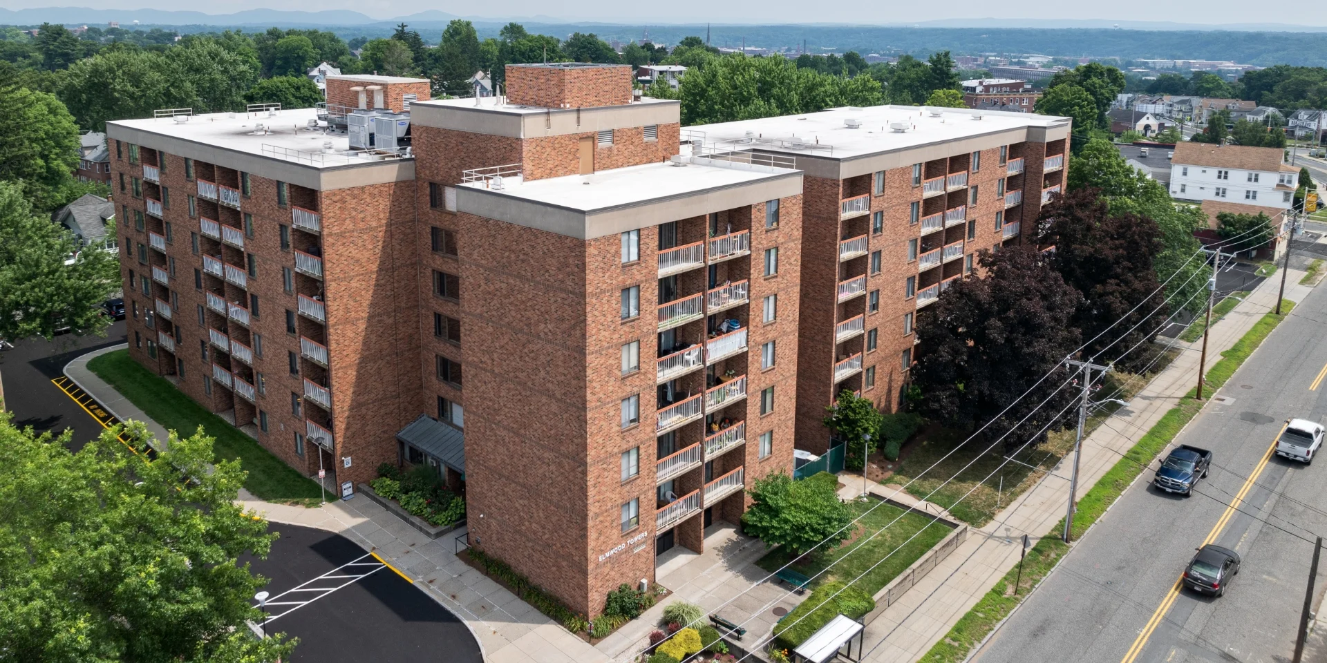 Elmwood Towers building exterior aerial angled