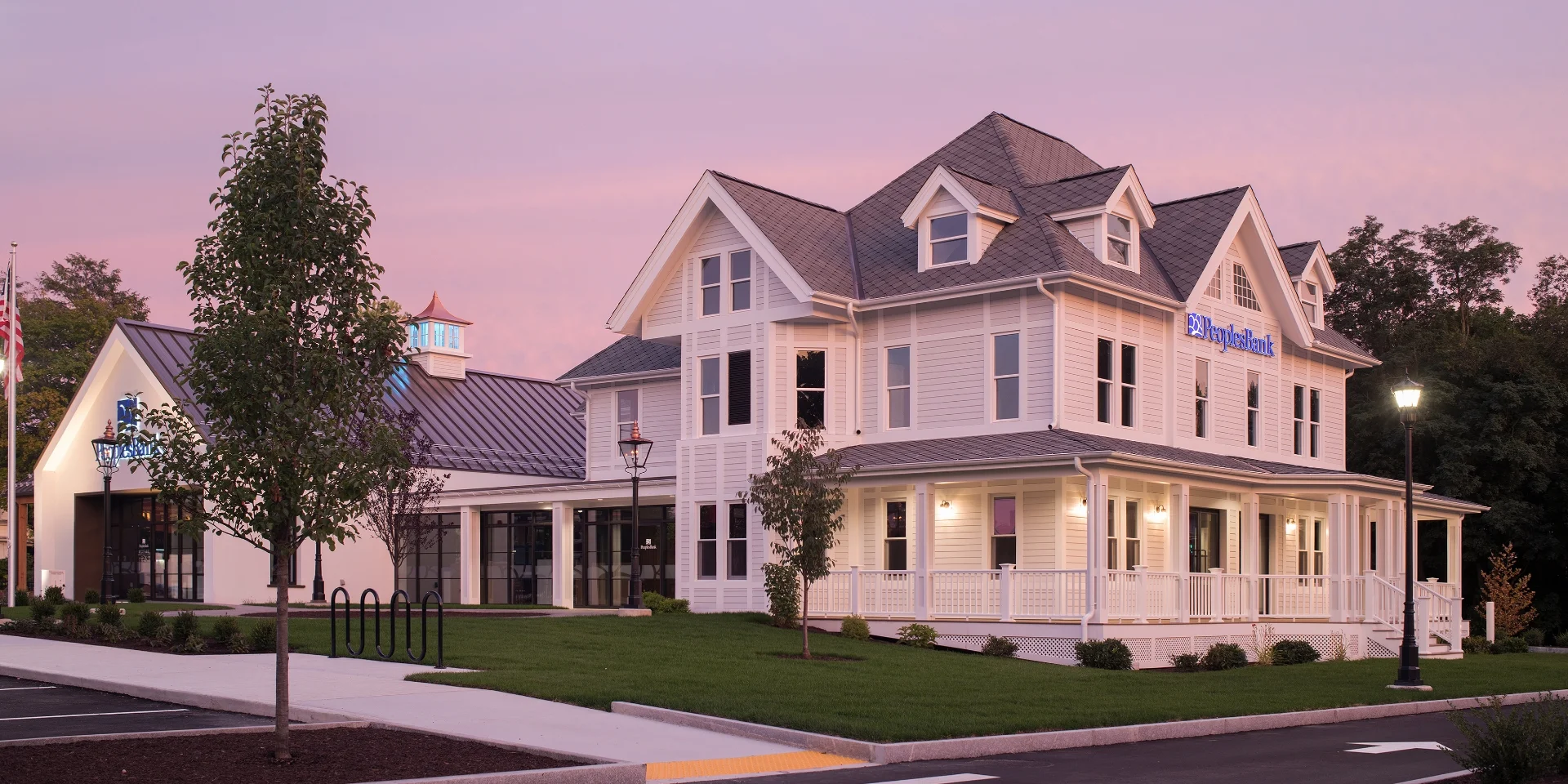 full bank exterior at sunset