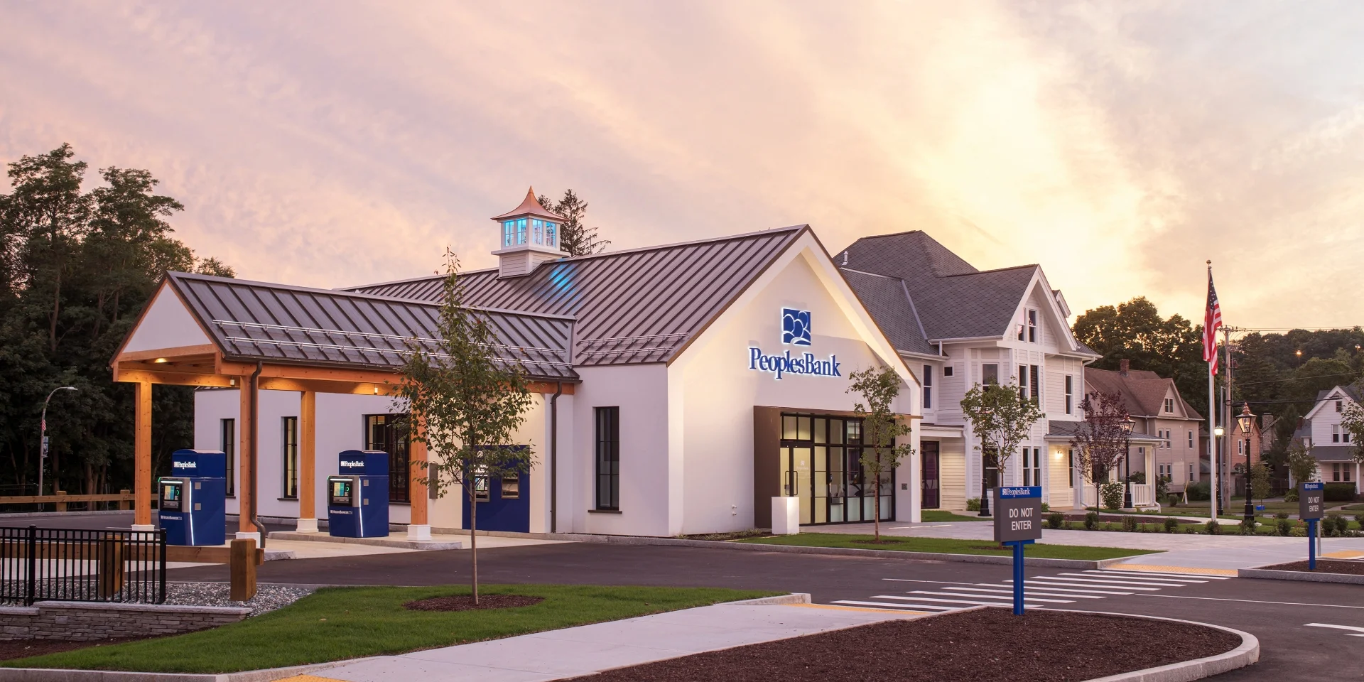 full bank exterior at sunset