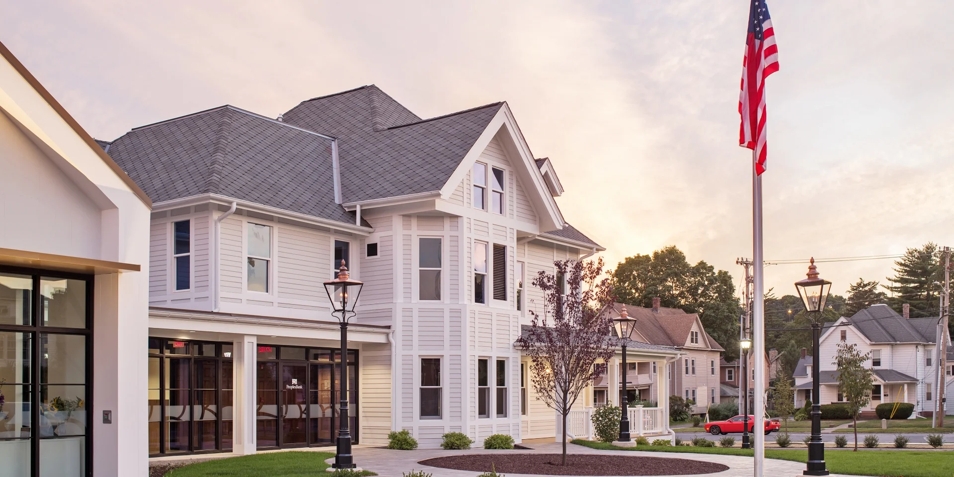 building exterior and American flag