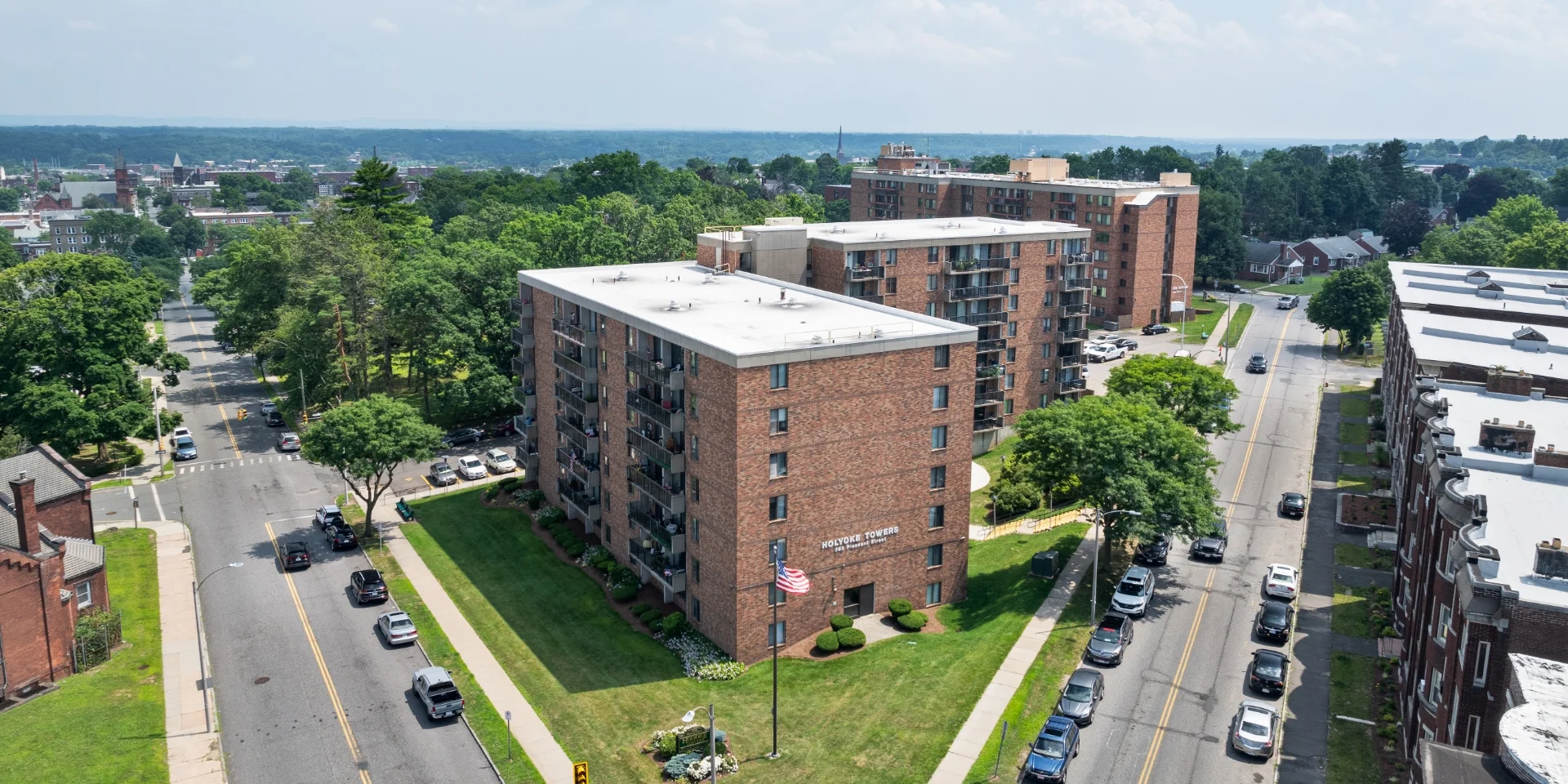 aerial of front exterior building corner