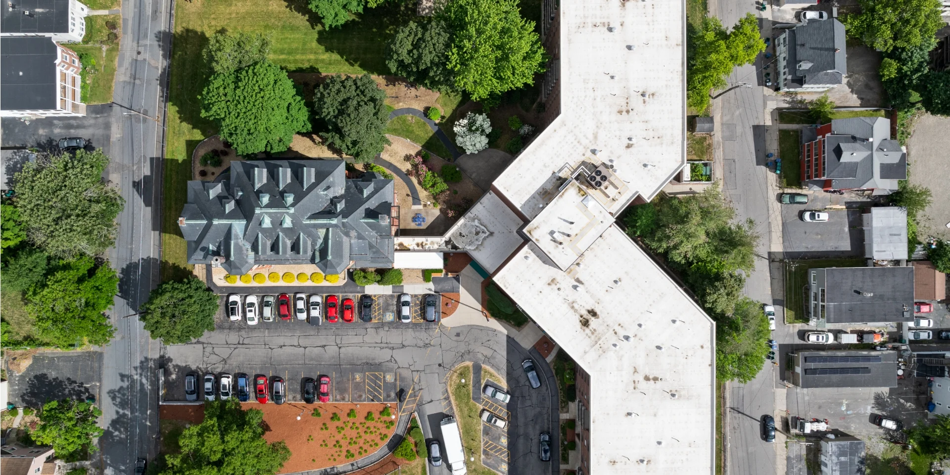 aerial view of building roofs