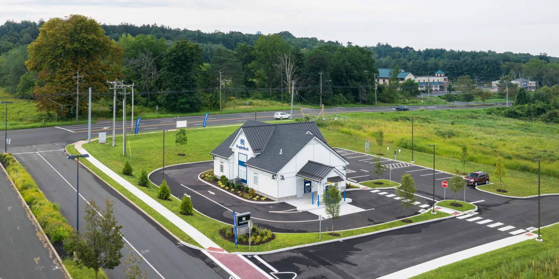 PeoplesBank aerial of building and parking lot