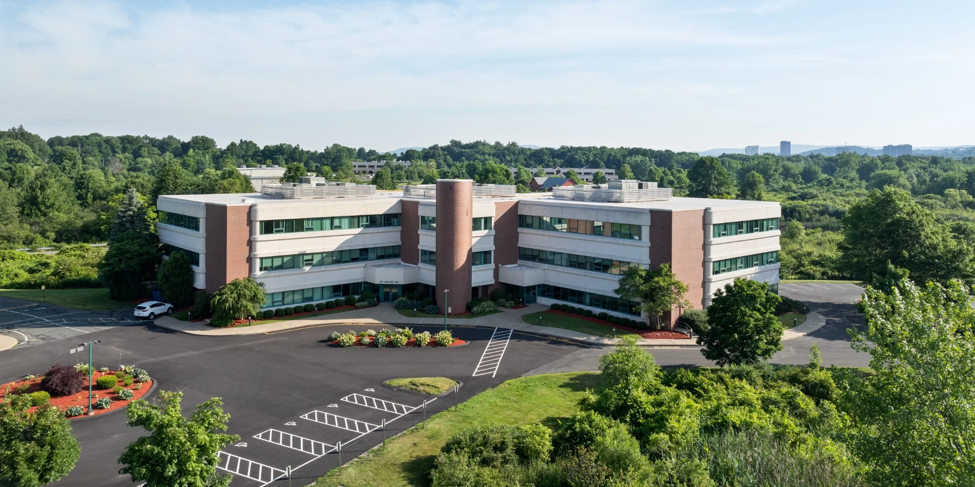 aerial of building front exterior