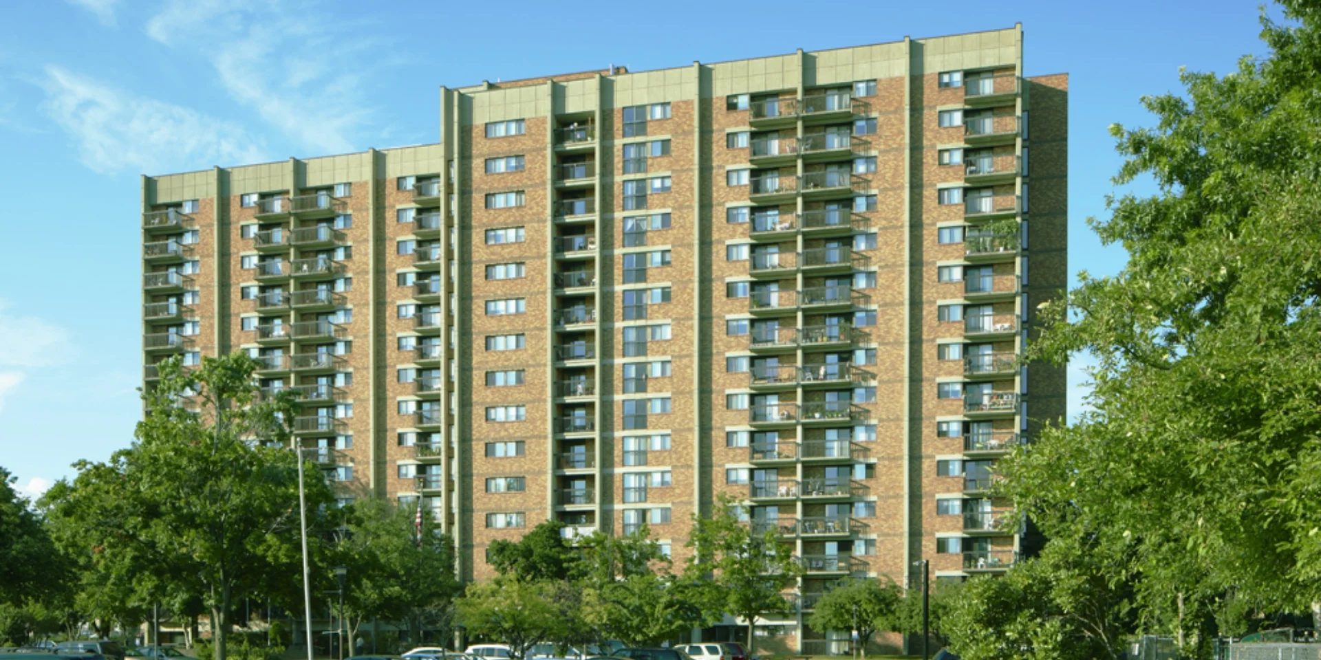 Linden Towers full building exterior and trees