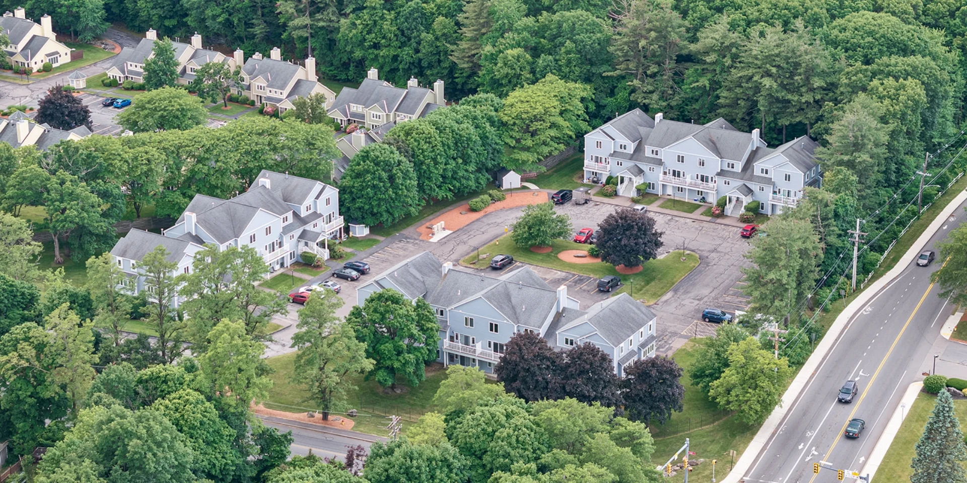 aerial view of apartment buildings