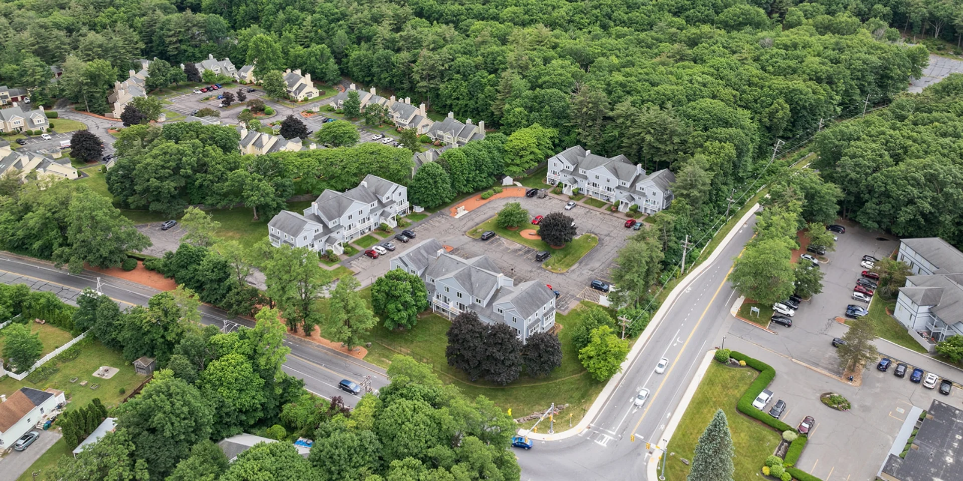 aerial view of apartment buildings