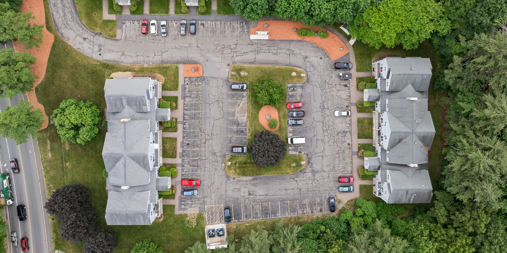 aerial view of apartment buildings