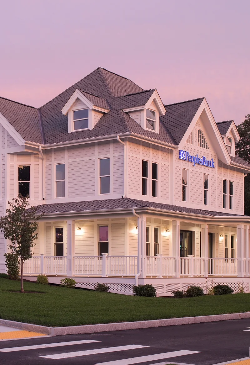 People's Bank exterior at sunset